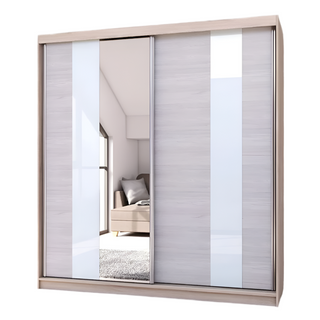 CHOICEWARDROBE Monaro 203cm 2 Door Sliding Wardrobe – Sonoma Oak Frame, Mirror Door, Gloss White & Light Oak Panels