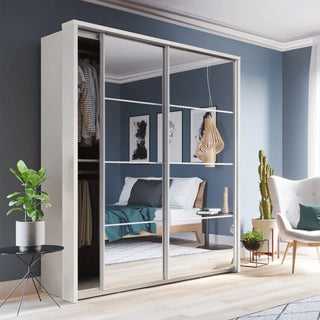 CHOICEWARDROBE Allen 2 Door Mirrored Sliding Wardrobe – 180cm Matt White Finish | Modern Space-Saving Design with Shelves & Hanging Rail
