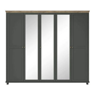 CHOICEWARDROBE Eilat 246cm 5 Door Mirrored Wooden Wardrobe – Deep Green with Oak Top & Full-Length Mirrors