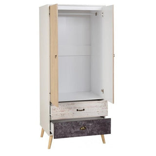 CHOICEWARDROBE Noein 2 Door Wooden Wardrobe – White & Distressed Oak Effect | Modern Retro Design with Dual Drawers & Angled Legs