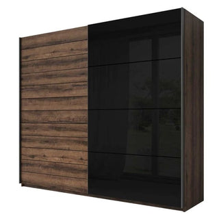 CHOICEWARDROBE Glens 2 Door Sliding Wardrobe – 220cm Rustic Walnut & Black Gloss Finish | Modern Design with Shelves, Hanging Rails & Smooth Sliding Doors