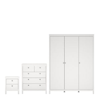 CHOICEWARDROBE Macron 3 Piece Bedroom Set – 3 Door Wardrobe, Chest of Drawers & Bedside Table in Classic White Finish | Elegant Modern Storage Suite