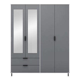 CHOICEWARDROBE Nadric Grey & White Gloss 4 Door Mirrored Wardrobe with Drawers | Contemporary Metal Leg Design