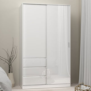 CHOICEWARDROBE Novara High Gloss Sliding Door Wardrobe – White Finish with 3 Integrated Drawers