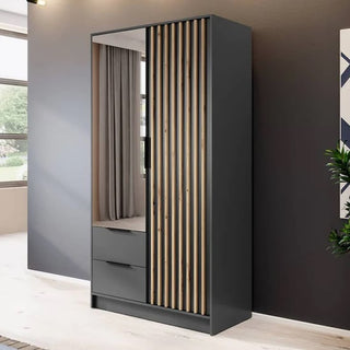 CHOICEWARDROBE Norco 105cm 2 Door Hinged Wardrobe – Mirror & Wood Slat Design with Drawers | Graphite Grey Finish
