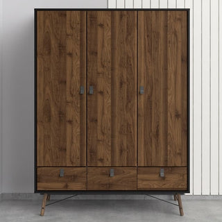 CHOICEWARDROBE Rynok 3 Door Wooden Wardrobe – 150cm Matt Black & Walnut Finish | Modern Industrial Style with Metal Legs & Storage Drawers