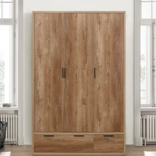 CHOICEWARDROBE Stock Wooden Wardrobe – 3 Doors 2 Drawers 120cm in Rustic Oak | Contemporary Grain Finish with Deep Storage Drawers & Sleek Handles