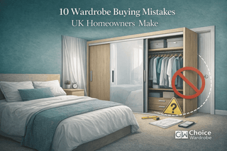 Homeowner checking wardrobe measurements, door clearance, material and installation requirements before buying