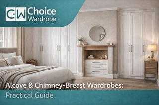 Wardrobes positioned in bedroom alcoves beside a chimney breast
