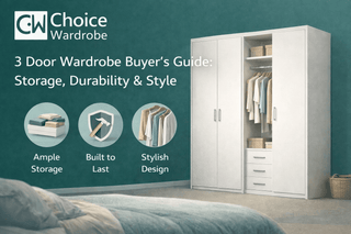 Three-door wardrobe showing separate hanging and shelving compartments in a bedroom