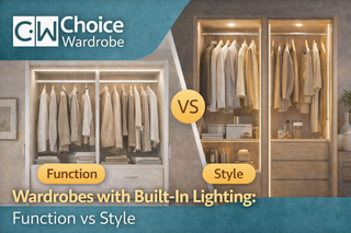 Choice Wardrobe article banner comparing wardrobes with built-in lighting for practical visibility on one side and premium style-led ambience on the other.
