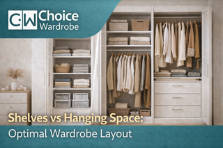 Choice Wardrobe article banner showing an open wardrobe comparing shelf storage for folded clothes with hanging space for garments and drawers.