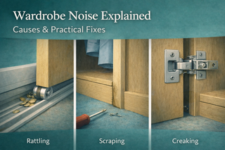 Comparison showing common wardrobe noise causes—rattling tracks, scraping doors, and creaking hinges—with practical fixes