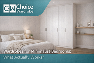 Choice Wardrobe article banner showing a minimalist bedroom with a simple white wardrobe, neutral tones, and clean styling focused on practical modern storage.