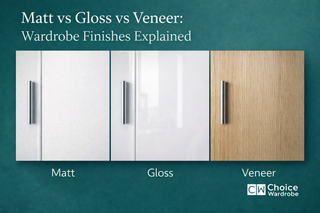 Comparison of matt, gloss and veneer wardrobe finishes showing surface texture and appearance
