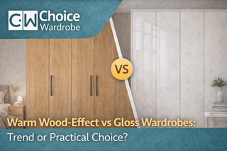 Choice Wardrobe article banner comparing a warm wood-effect wardrobe with a gloss wardrobe to explore whether each is a design trend or a practical bedroom choice.