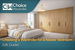 Choice Wardrobe article banner showing a spacious UK master bedroom with a large wood-effect wardrobe wall and soft neutral styling.