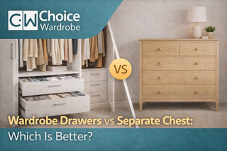Choice Wardrobe article banner comparing wardrobe drawers built into a wardrobe with a separate chest of drawers in a bedroom setting.