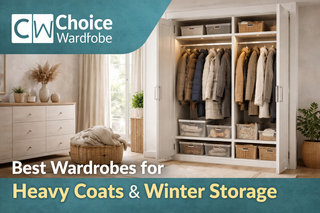 Choice Wardrobe article banner showing an open wardrobe filled with heavy winter coats, storage boxes, and baskets in a warm bedroom designed for winter clothing organisation.