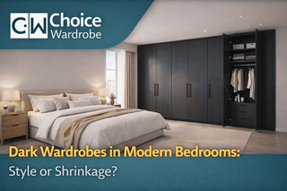Modern bedroom with a dark wardrobe balanced by warm lighting and pale surfaces
