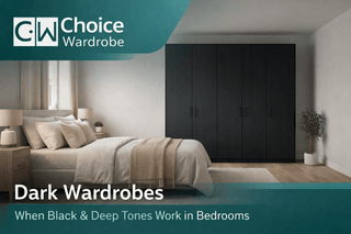 Modern bedroom styled with a black wardrobe and warm lighting