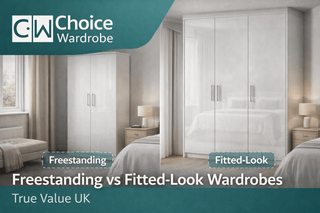 Freestanding wardrobe compared with a fitted-look wardrobe in a UK bedroom