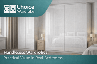 Modern bedroom comparing recessed-pull and push-to-open wardrobe doors