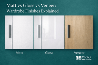 Matt, high-gloss and real wood veneer wardrobe doors compared under the same bedroom lighting