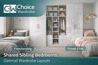 Shared sibling bedroom with two beds and clearly divided wardrobe storage