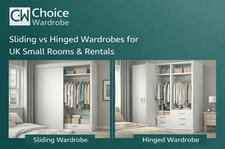 Small bedroom layout comparing sliding wardrobe access with hinged door clearance