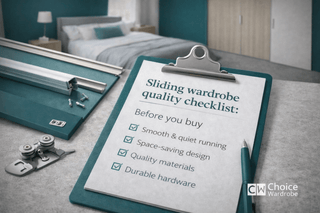 Sliding wardrobe quality checklist covering tracks, rollers, panels and room measurements