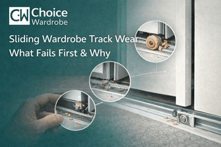 Close view of a sliding wardrobe track and roller showing common wear points