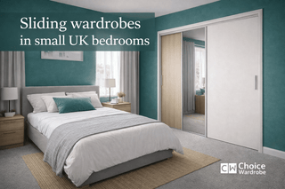 Compact UK bedroom with a sliding wardrobe planned around the bed, walkway and door access