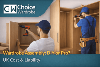DIY flat-pack wardrobe parts beside a completed professionally assembled wardrobe