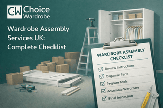 Wardrobe installer assembling and aligning a freestanding wardrobe in a prepared room