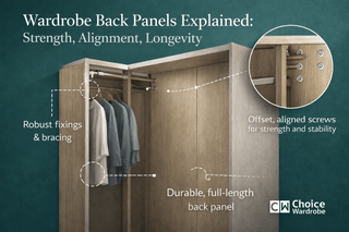 Wardrobe back panel bracing the carcass to support alignment and long-term stability