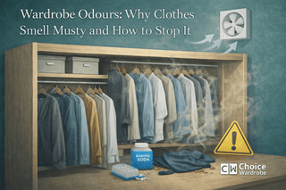 Wardrobe interior with damp clothing, poor airflow and moisture marks that can cause musty odours