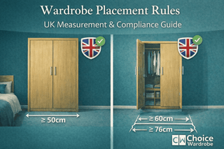 Installer measuring wardrobe depth and bedroom clearances with a tape measure