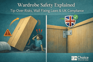Tall wardrobe secured to a wall with a correctly installed anti-tip bracket