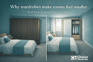 Bedroom comparison showing how wardrobe depth, dark finishes and poor placement can make a room feel smaller