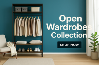 Contemporary open wardrobe with shelves and hanging space, showcased in a modern bedroom setting – ChoiceWardrobe Open Wardrobes Collection banner.