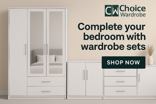 A digital advertisement showcases a coordinated wardrobe furniture set from ChoiceWardrobe, featuring a modern wardrobe with matching drawers and shelving units, styled in a contemporary bedroom setting with soft lighting and neutral tones.