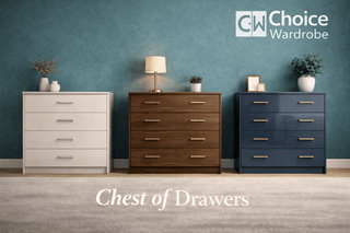 Three chest of drawers—white, walnut, and navy—are lined up against a green wall with decorative items on top. Choice Wardrobe and Chest of Drawers text is visible on the image.