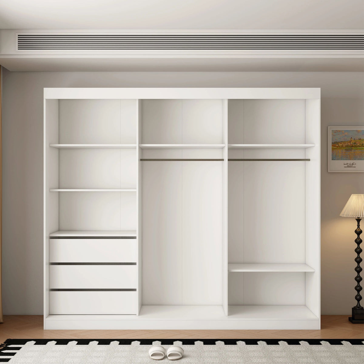 White 3-door sliding wardrobe with central mirror door and 3 internal drawers
