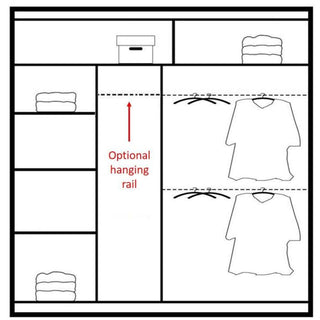 TRAFFORD 2 door mirrored wardrobe interior layout diagram with shelves and hanging rails