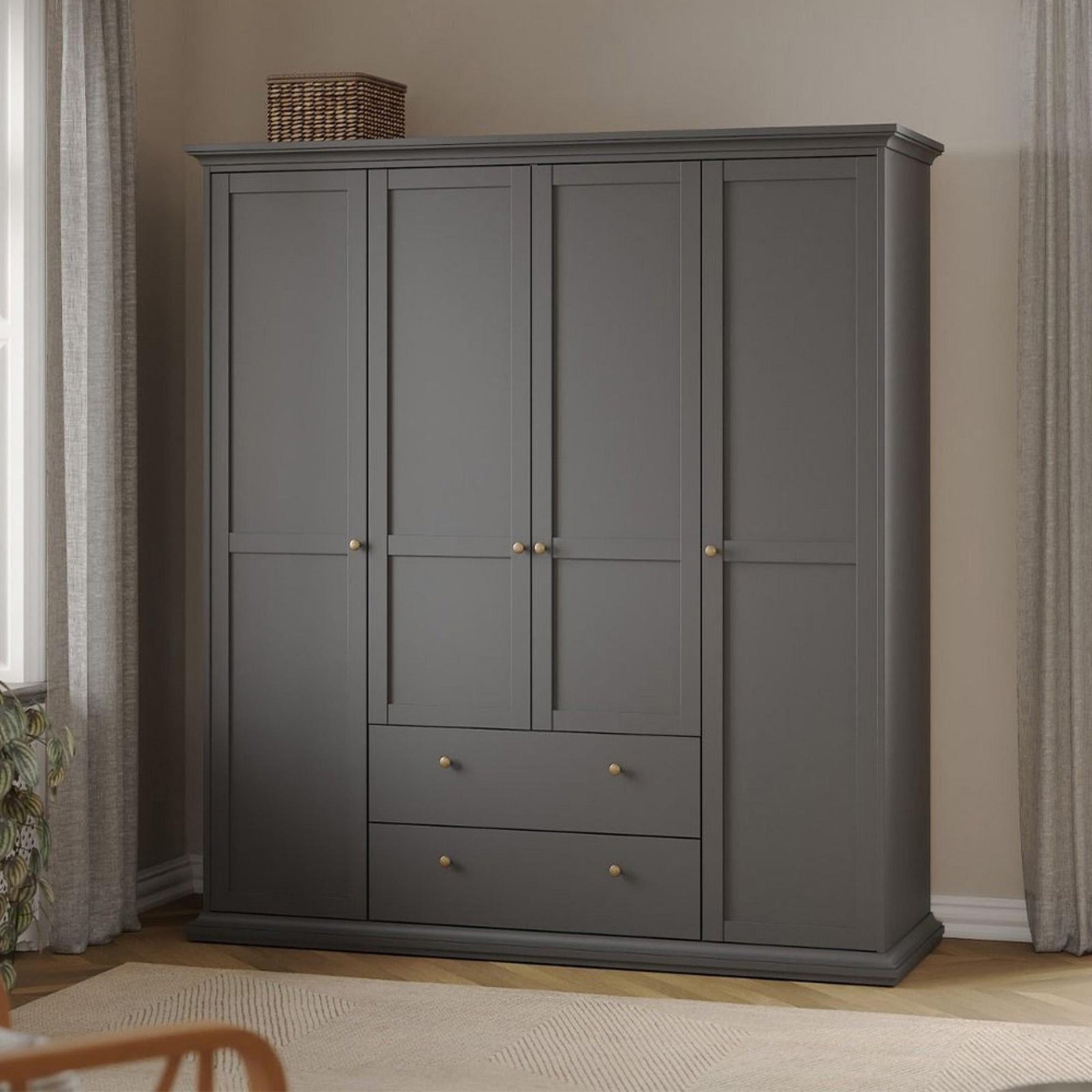Paris Classic 4 Door 2 Drawer Wardrobe – Matt Grey bedroom storage