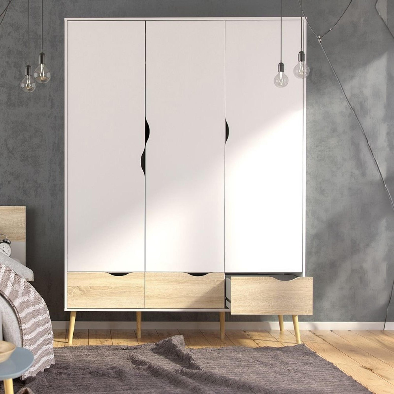 Oslo Scandinavian 3 Door 3 Drawer Wardrobe – White & Oak bedroom storage