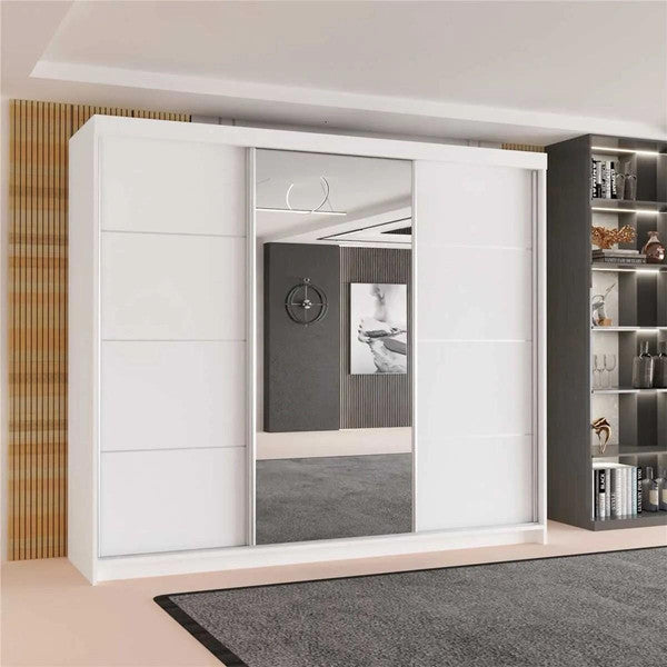 White 3-door sliding wardrobe with central mirrored panel.