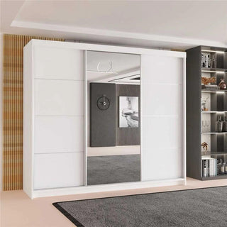 White 3-door sliding wardrobe with central mirrored panel.