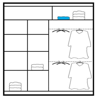 Diagram of a sliding wardrobe interior showing shelves and hanging rails.